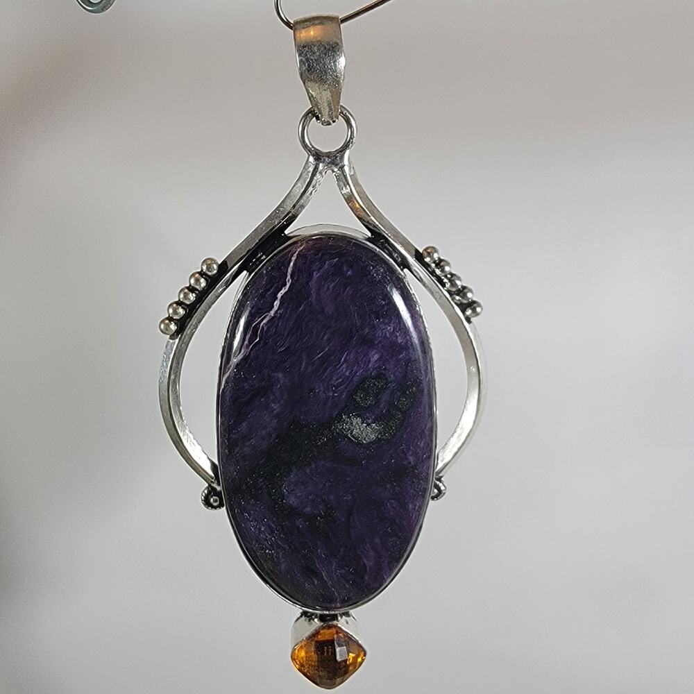 Charoite Pendant Necklace – With Citrine Accent + 20" Sterling Silver Chain